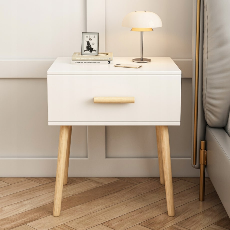 Szafka nocna z szufladą biała stolik skandynawski glamour sypialni salonu