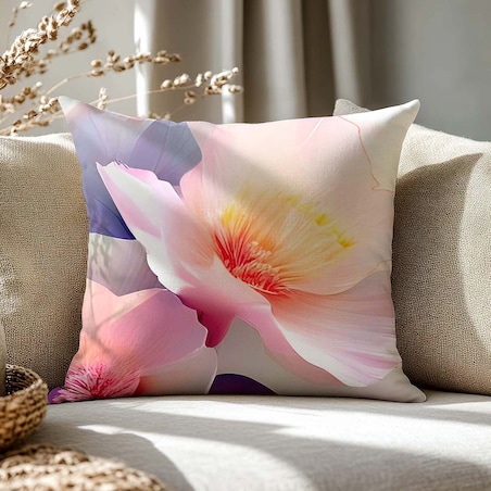 Poszewka dekoracyjna satynowa 40x40 Aurora biała i niebieska w pastelowe różowe kwiaty, Satynlove Premium