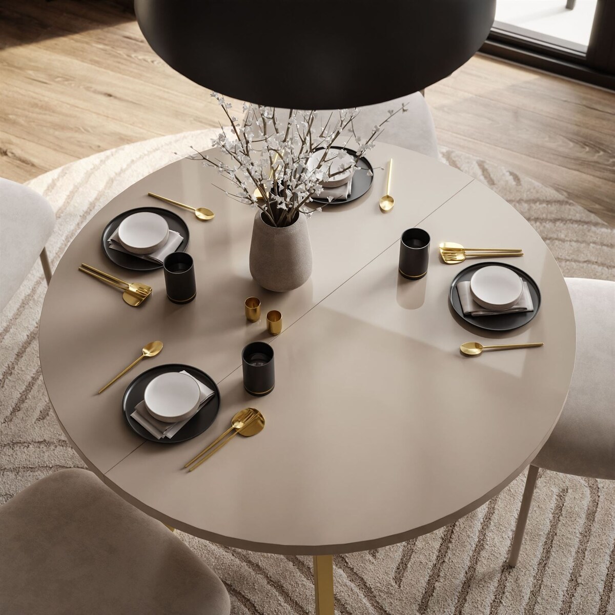 Okrągły stół rozkładany VOLTA GLOSS, nogi złote, blat kaszmir