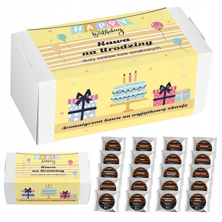 ZESTAW PREZENTOWY UPOMINKOWY NA 20 30 40 50 60 URODZINY DLA KOBIETY FACETA NIEJ NIEGO - 20 RÓŻNYCH SMAKÓW KAW DESEROWYCH ARABICA MIELONYCH W SASZETKACH