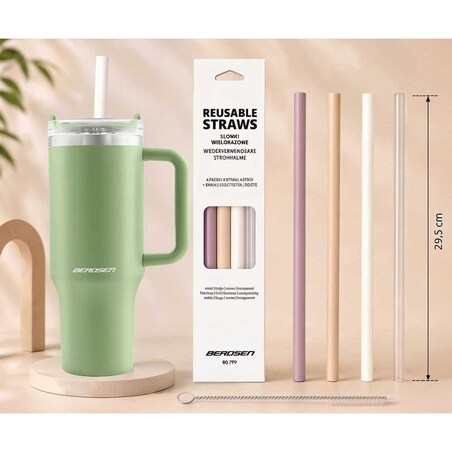 Kubek termiczny Berdsen zielony 1180ml stal nierdzewna zimne ciepłe napoje + zestaw słomek