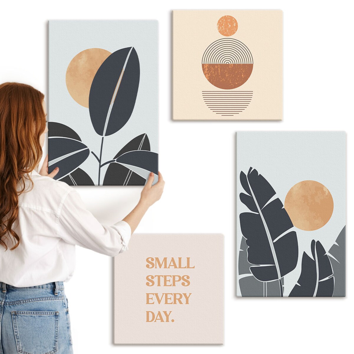 Zestaw 4 obrazów na płótnie - Roślinne wzory duże słońca minimalistyczne - pomarańczowy