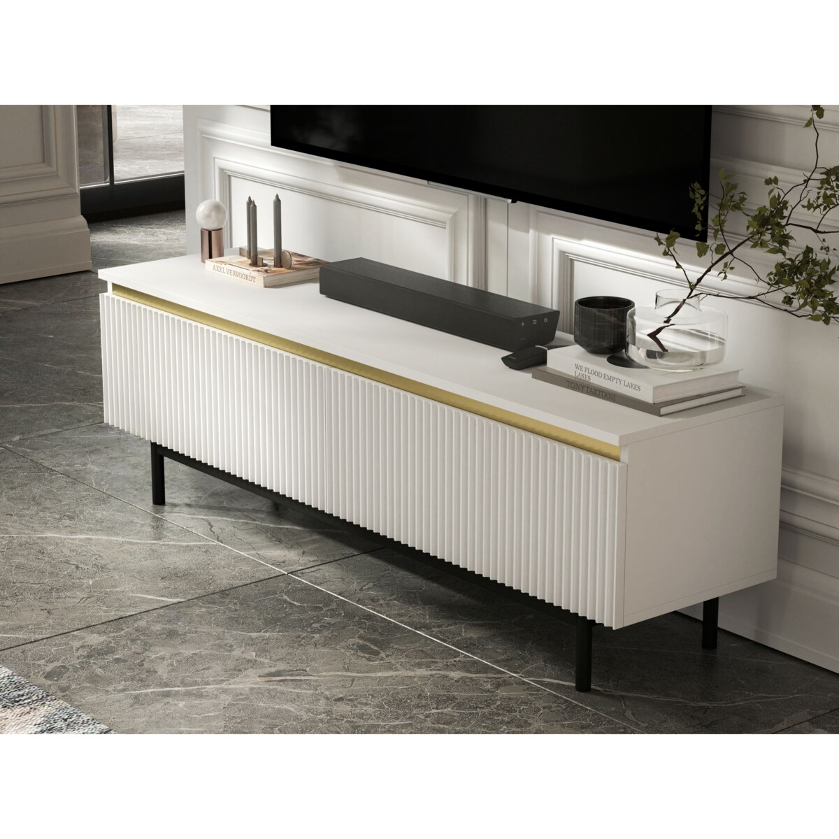 Nowoczesna Szafka RTV Komoda Glamour RTV Biały Mat rama w kolorze czarnym 140 cm