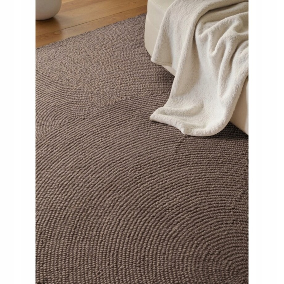 Dywan wełniany do salonu 200x300cm, brązowy wzór w półkola, efekt 3d