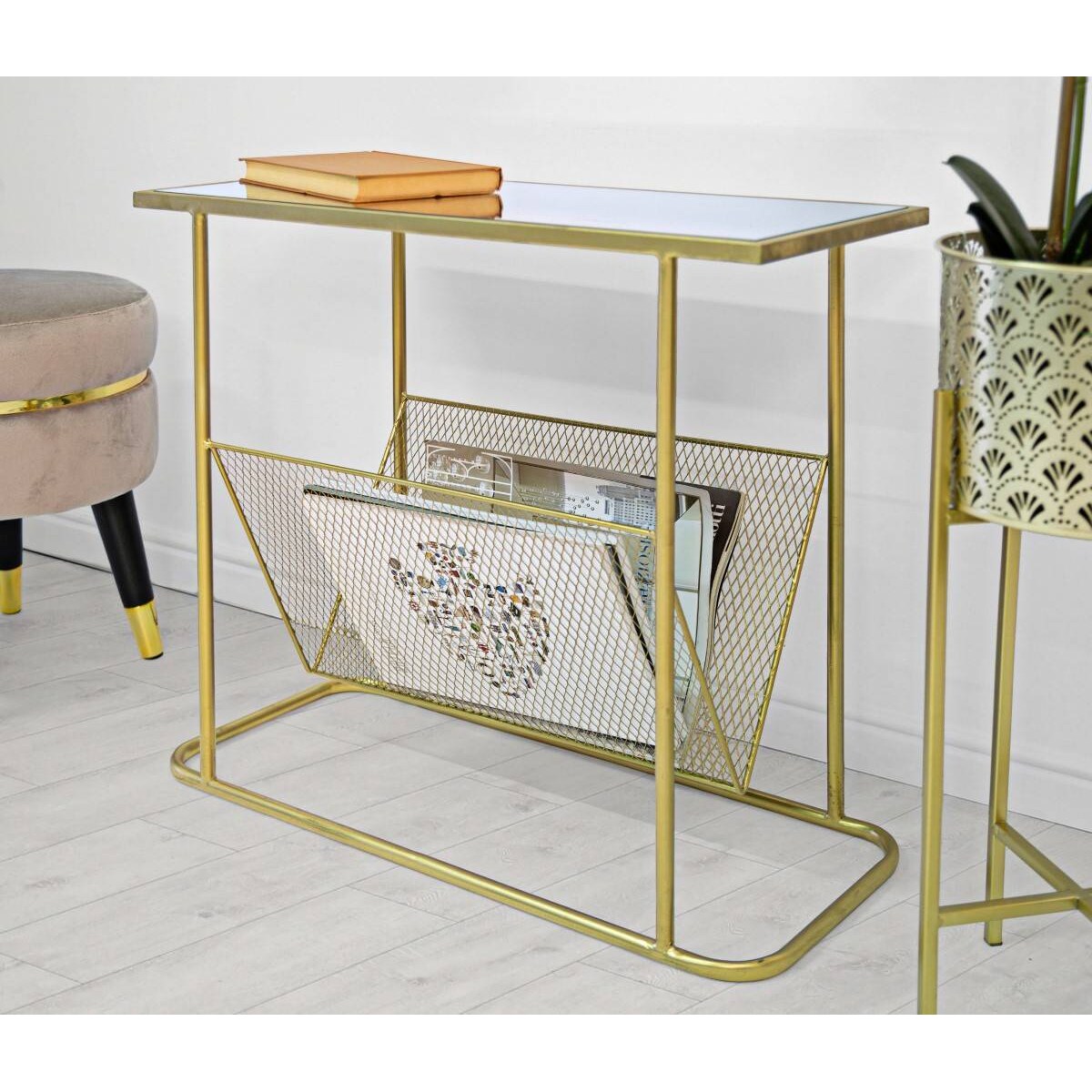 Stolik z gazetnikiem w stylu glamour, wys. 54 cm