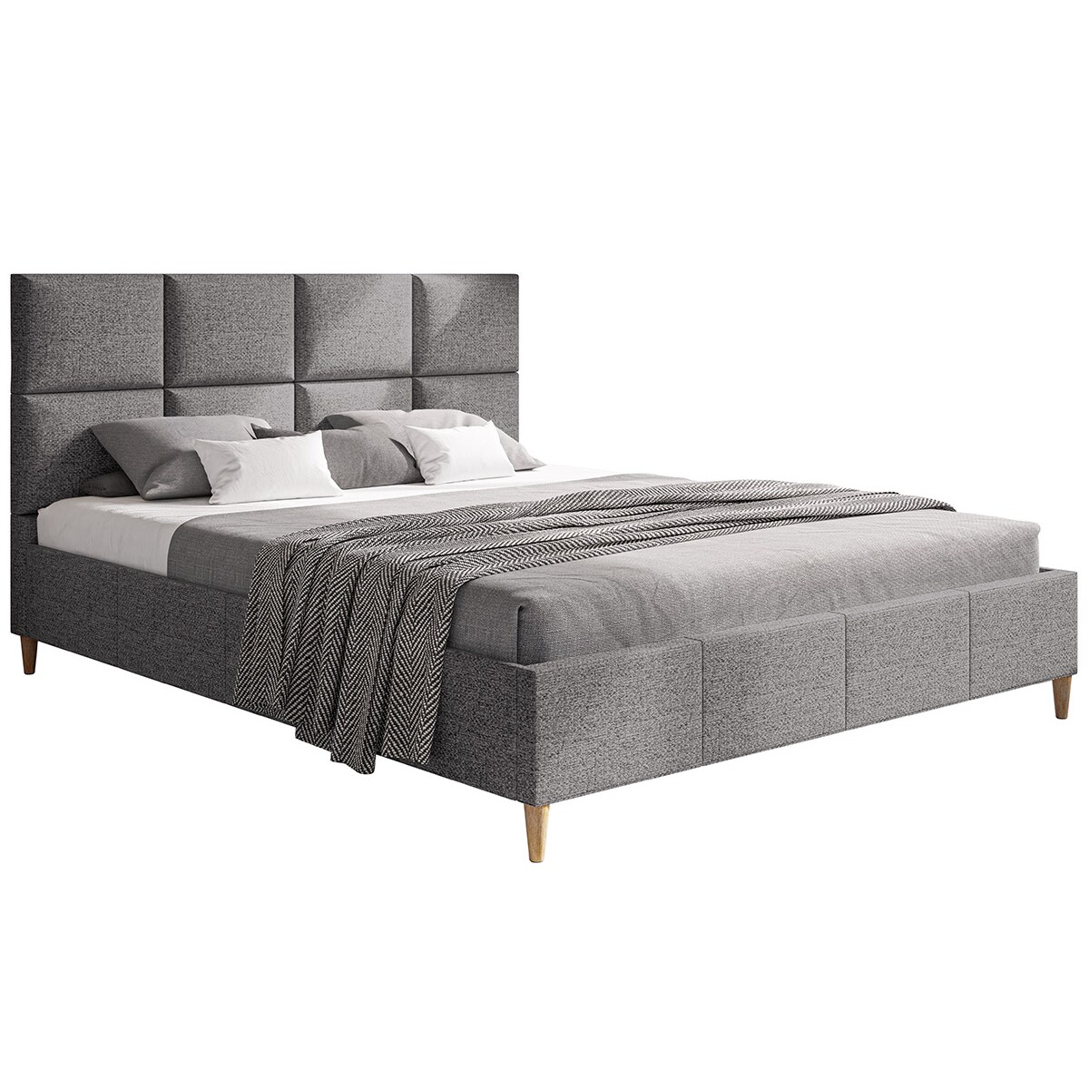 Łóżko sypialniane 160x200 LUXO 1, drewniane nogi, tkanina plecionka - szare