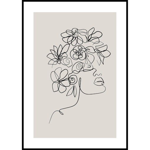 plakat line art dziewczyna z kwiatami beż 70x100 cm