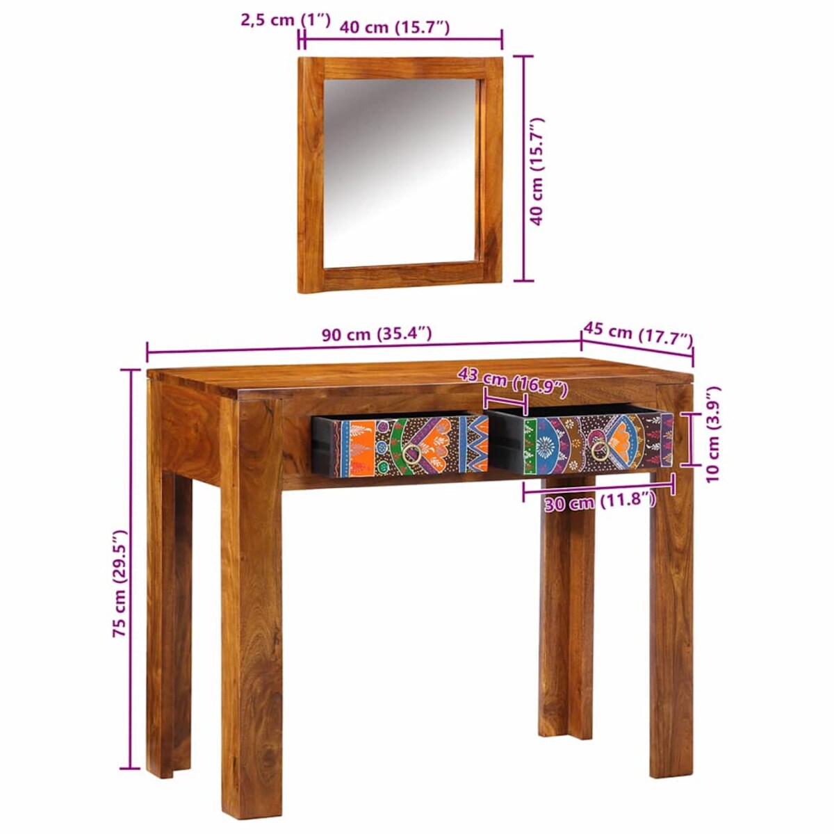 vidaXL Toaletka Brązowy 90 x 45 x 75 cm Lite drewno akacjowe