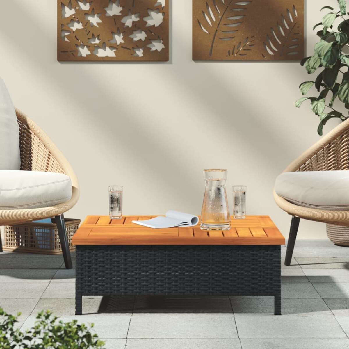 vidaXL Stolik ogrodowy, czarny, 70x70x25 cm, rattan i drewno akacjowe