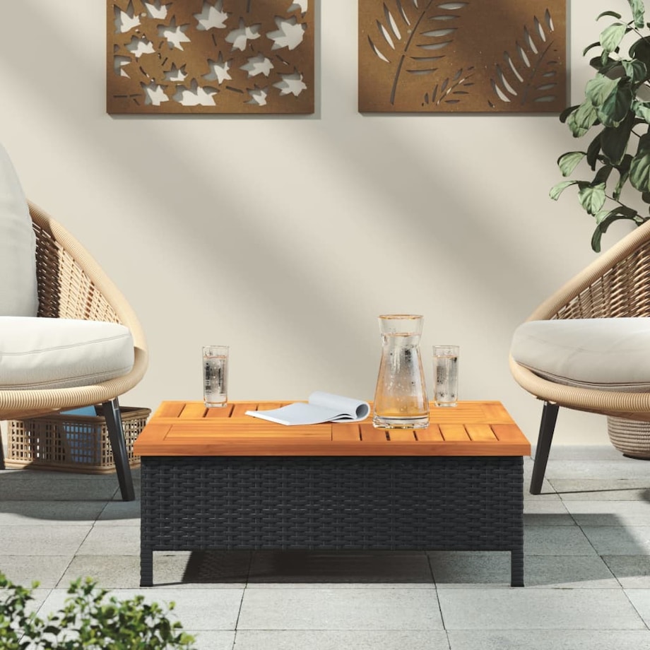 vidaXL Stolik ogrodowy, czarny, 70x70x25 cm, rattan i drewno akacjowe