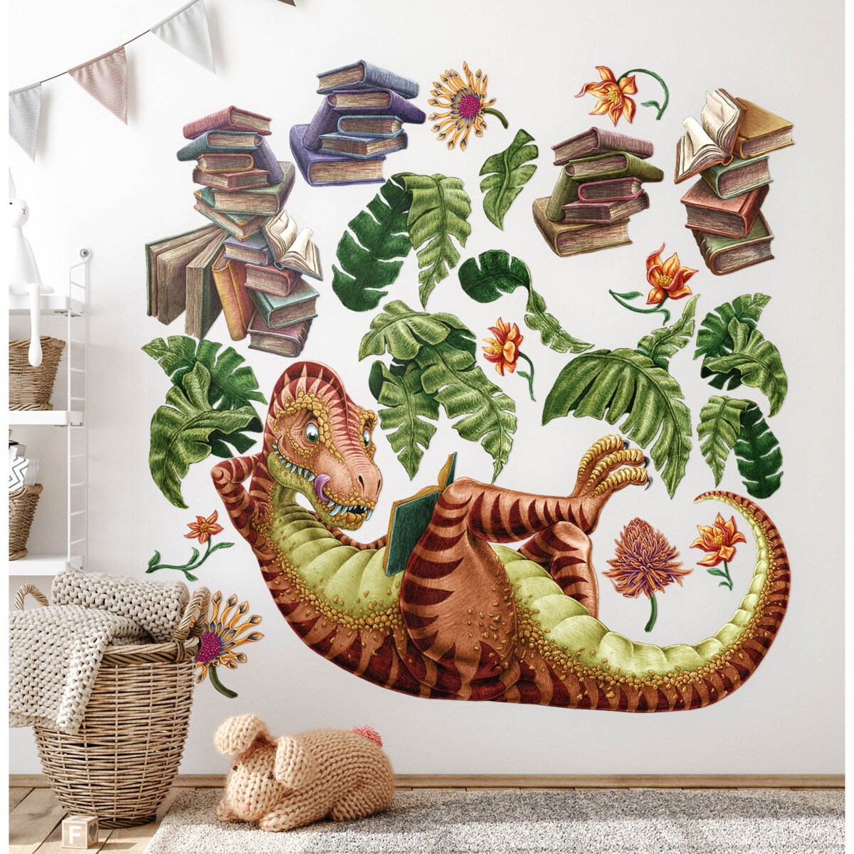 Zestaw naklejek na ścianę, Dinozaur czytelnik, 130cm