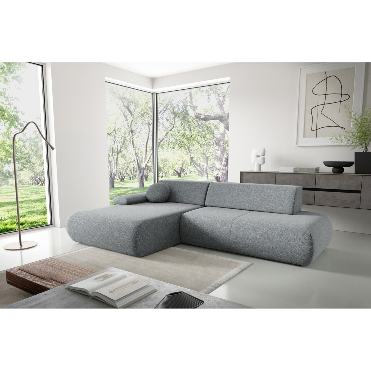 Narożnik rozkładany PENTI z pojemnikiem na pościel, lewy, ciemno-szary