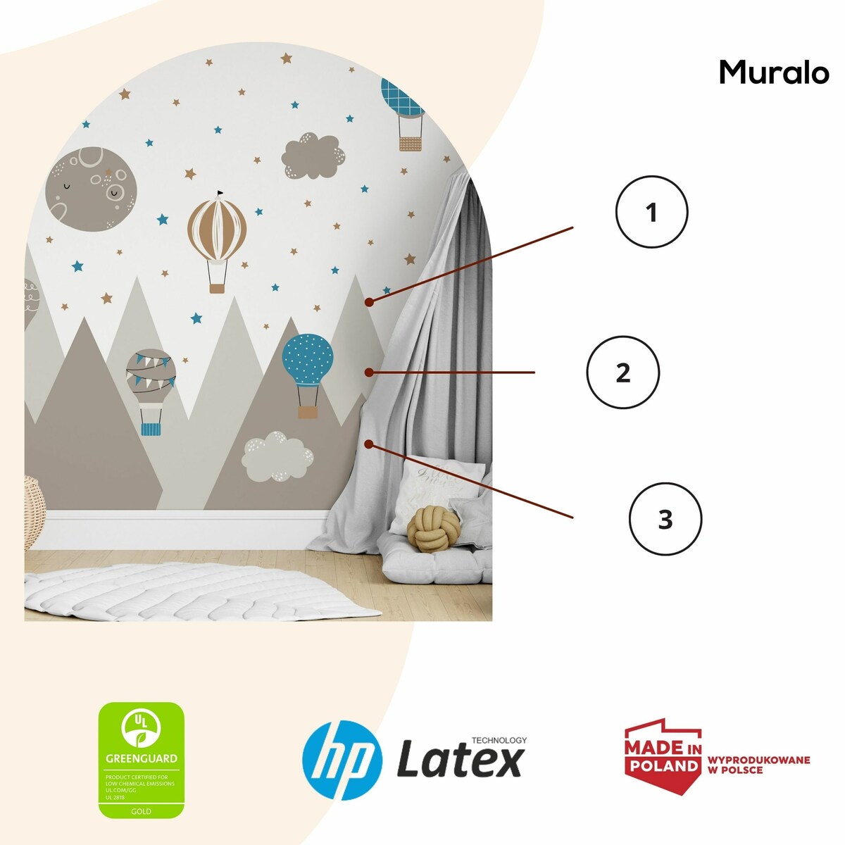 ZESTAW NAKLEJEK DLA DZIECI NA ŚCIANĘ BRĄZOWE GÓRY GWIAZDKI BALONY