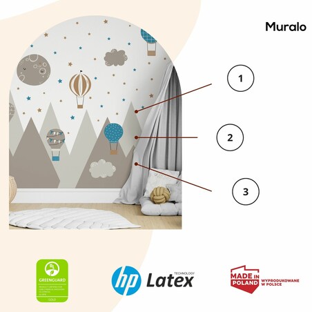 ZESTAW NAKLEJEK DLA DZIECI NA ŚCIANĘ BRĄZOWE GÓRY GWIAZDKI BALONY