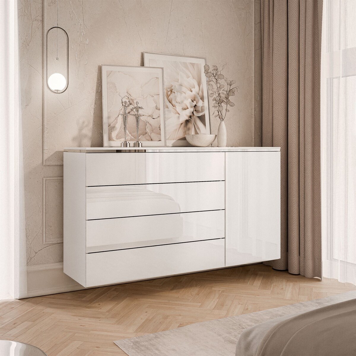 Komoda AURORA SILVER 4S1D biały połysk wisząca