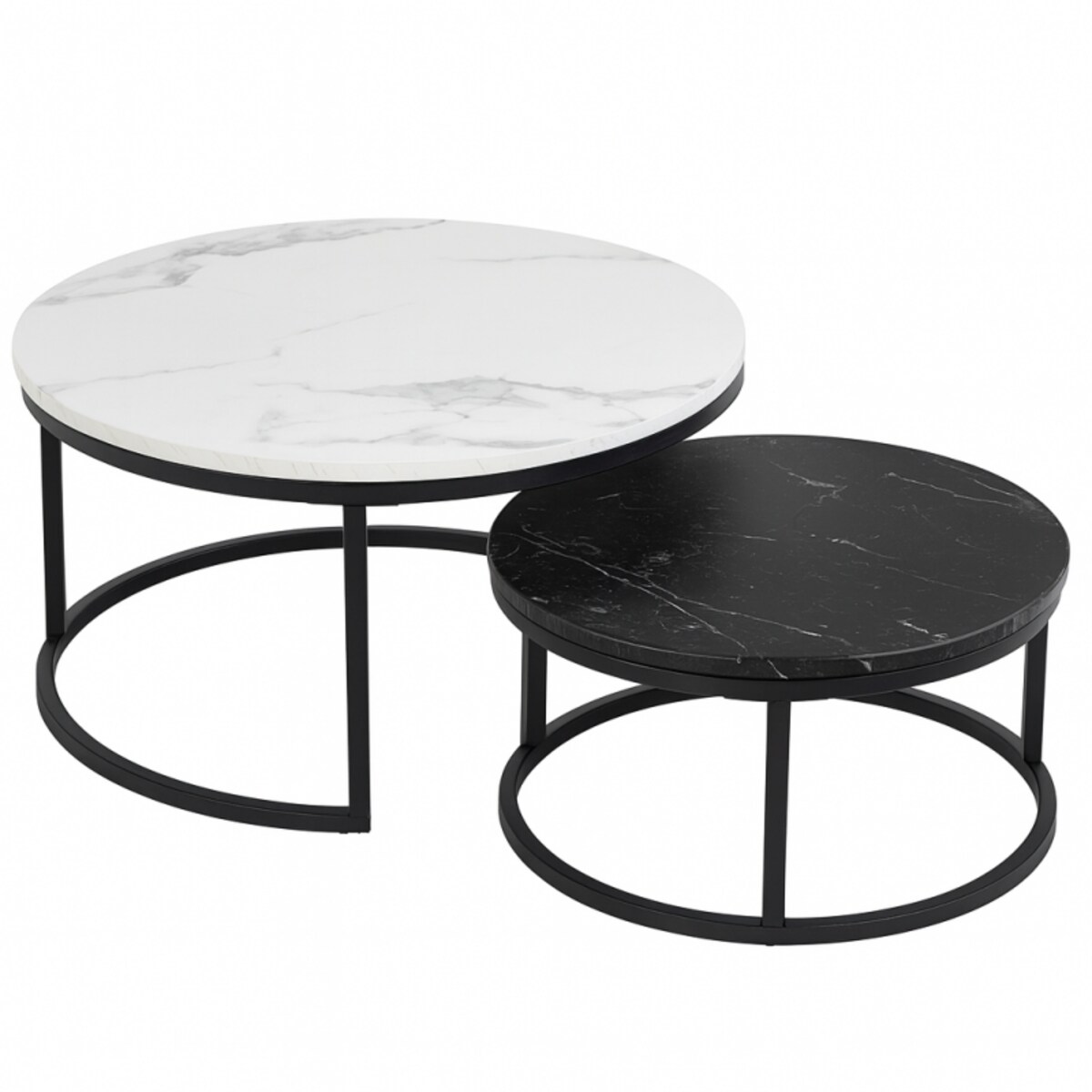 Zestaw okrągłych stolików kawowych 2w1 biało czarny marmur 60 i 80 cm STL14BCZ