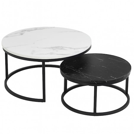 Zestaw okrągłych stolików kawowych 2w1 biało czarny marmur 60 i 80 cm STL14BCZ