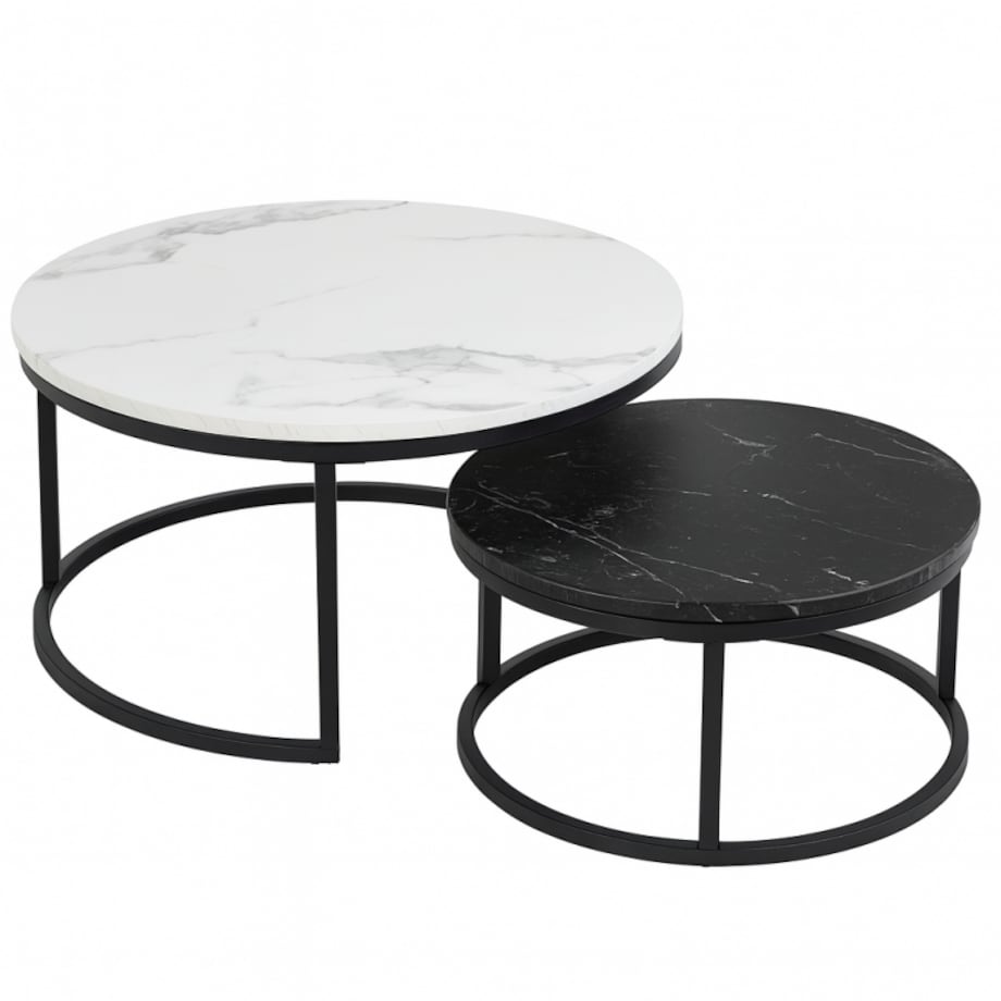 Zestaw okrągłych stolików kawowych 2w1 biało czarny marmur 60 i 80 cm STL14BCZ