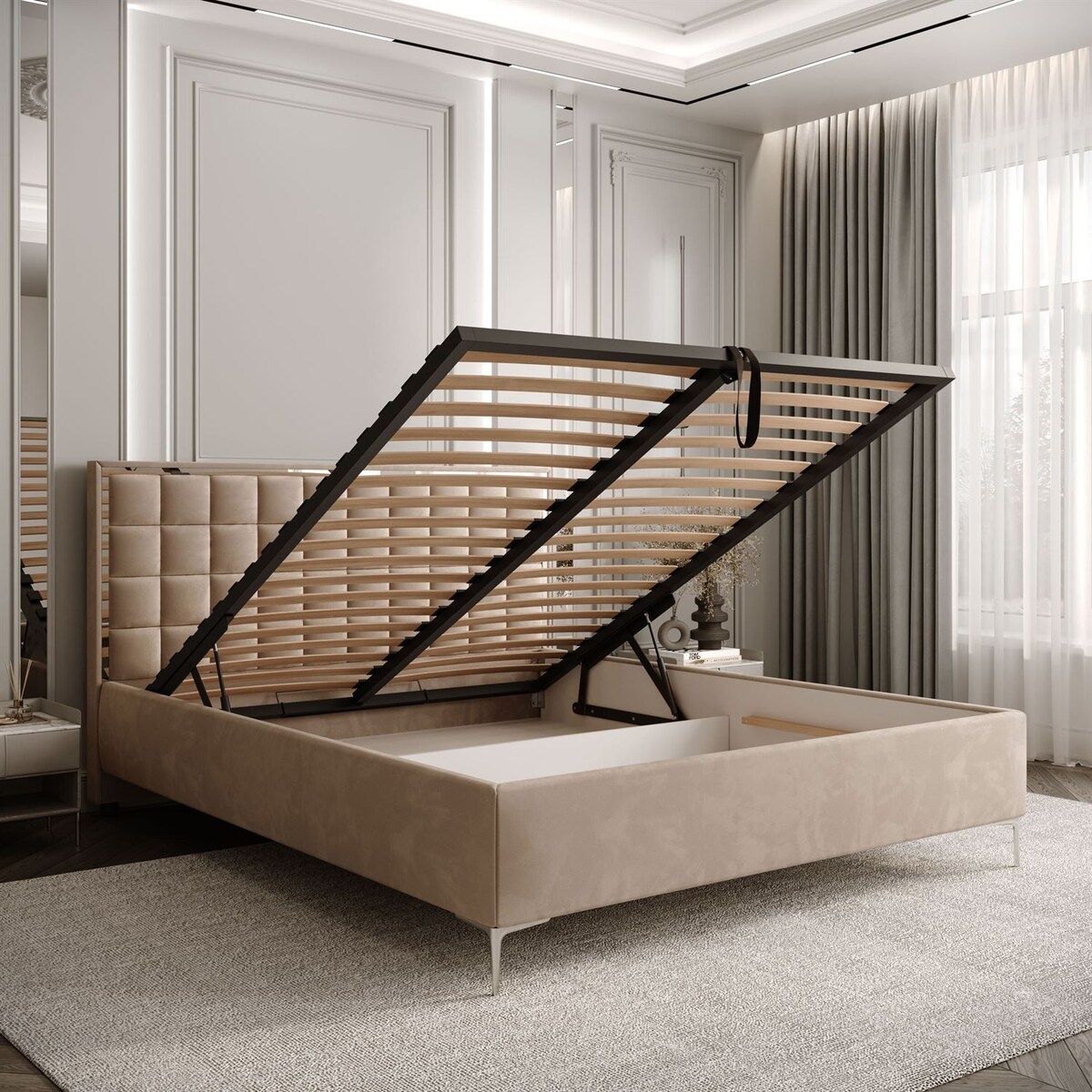 Łóżko tapicerowane ISADORA SILVER, pojemnik na pościel, stelaż 34, 160x200, RV 170