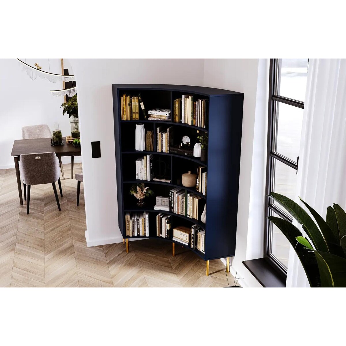 Nowoczesny narożny regał na książki Skandica HORN ze złotymi nogami / granatowy