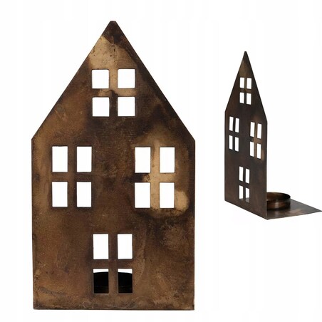 LAMPION LATARNIA ŚWIĄTECZNA DOMEK na święta metalowy loft stare złoto 15cm