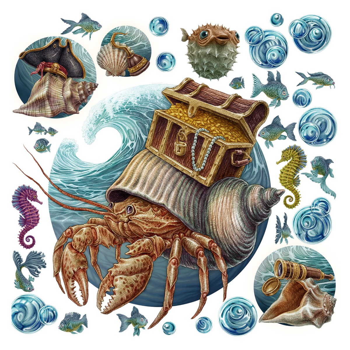 Zestaw naklejek na ścianę, Podwodny świat kraba, 60cm