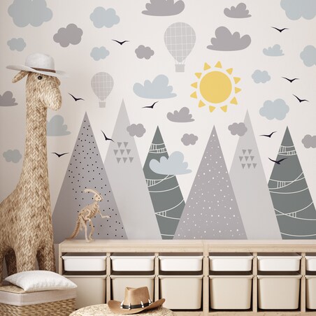 NAKLEJKI NA ŚCIANĘ DLA DZIECI SZARE GÓRY CHMURY BALONY STYL BOHO ZESTAW