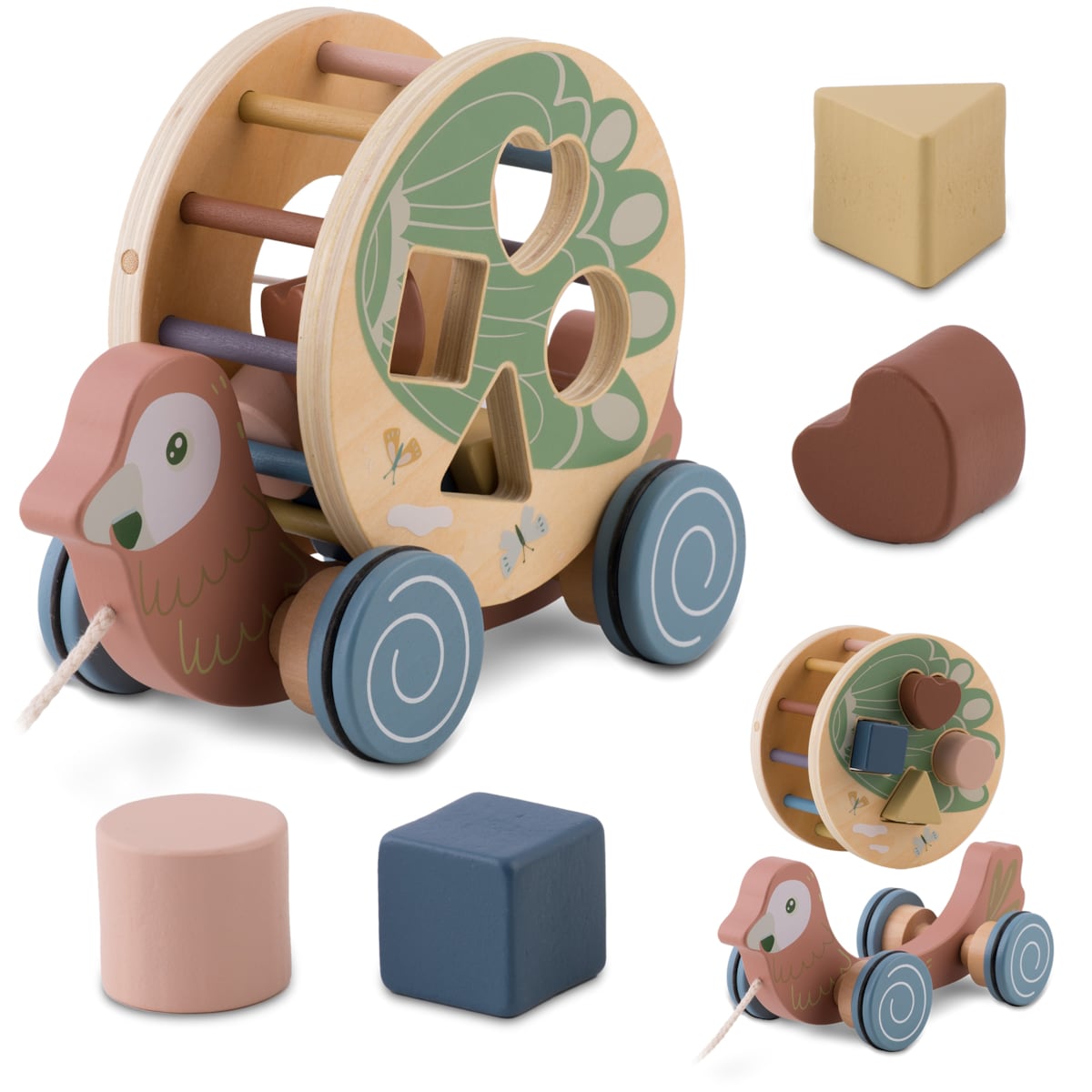 Zabawka drewniana do ciągnięcia sorter klocki papuga Nukido