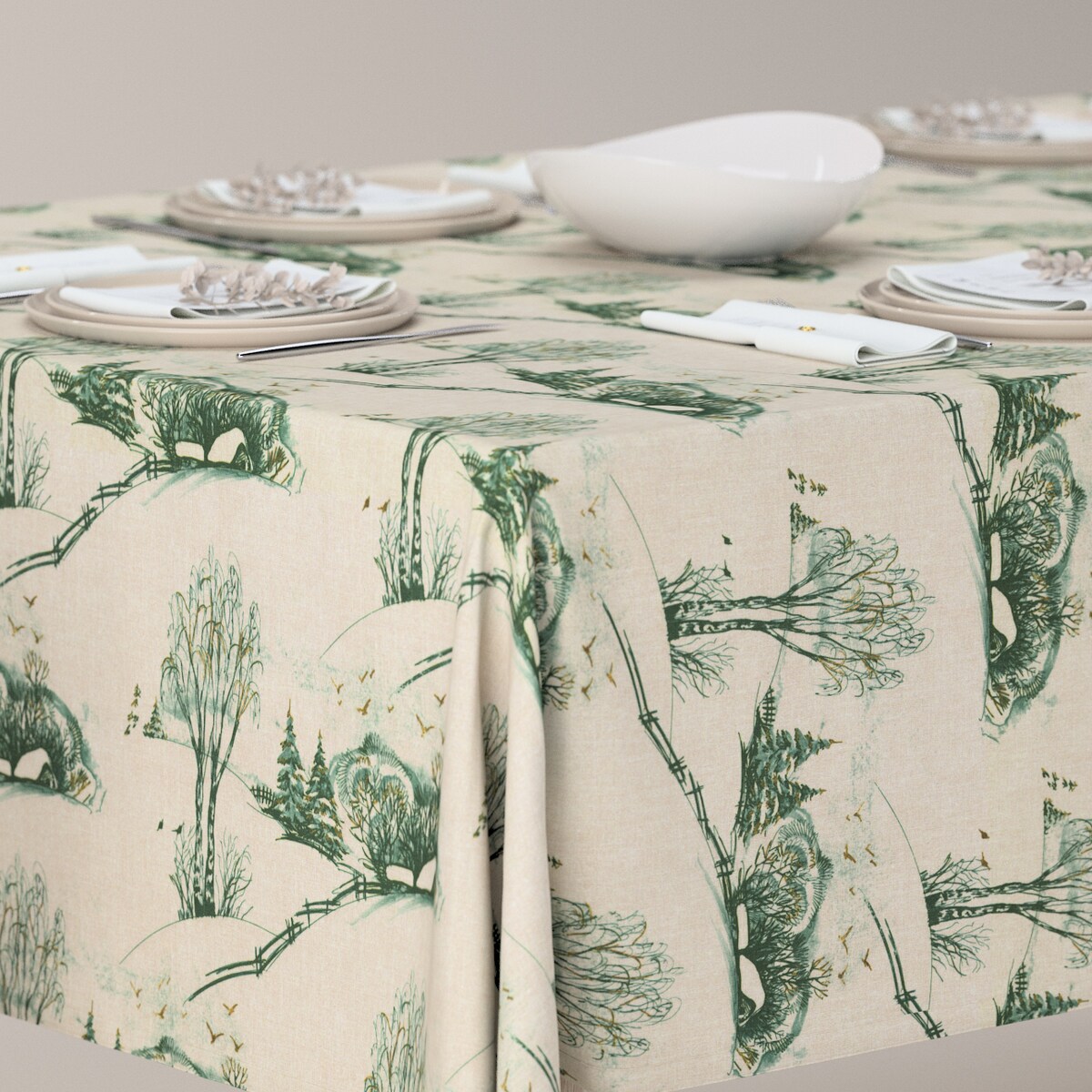 Obrus prostokątny 130 x 160 cm zielony wzór cottage na beżowym tle