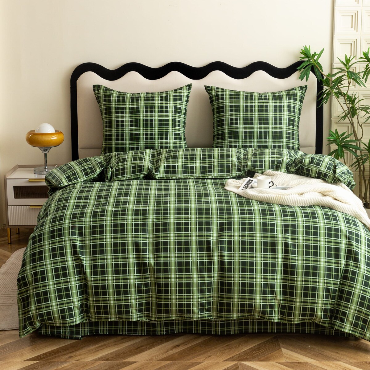 Komplet Pościeli Dwuosobowej Zielona Krata 200X200 Z 2 Poszewkami 70X80