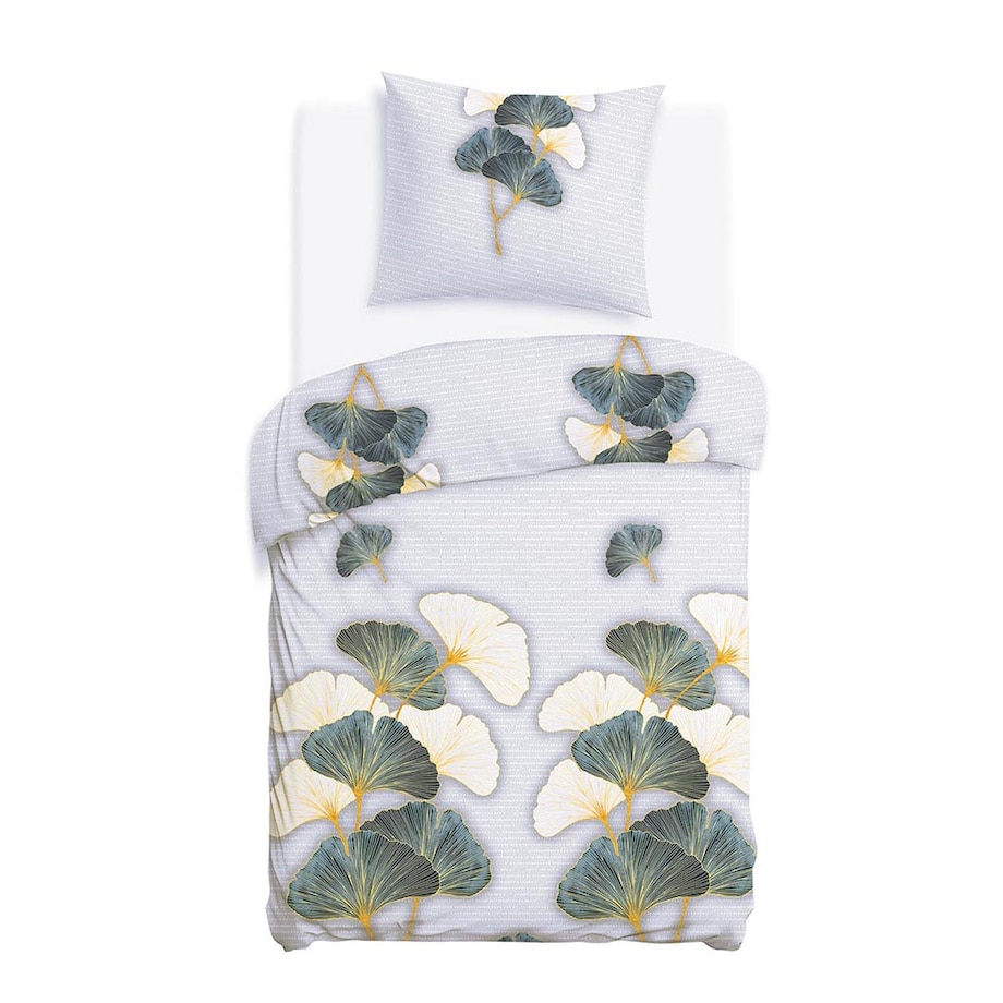 Pościel flanelowa 140x200 Solenne Light szara, liście miłorzębu, Flanelove