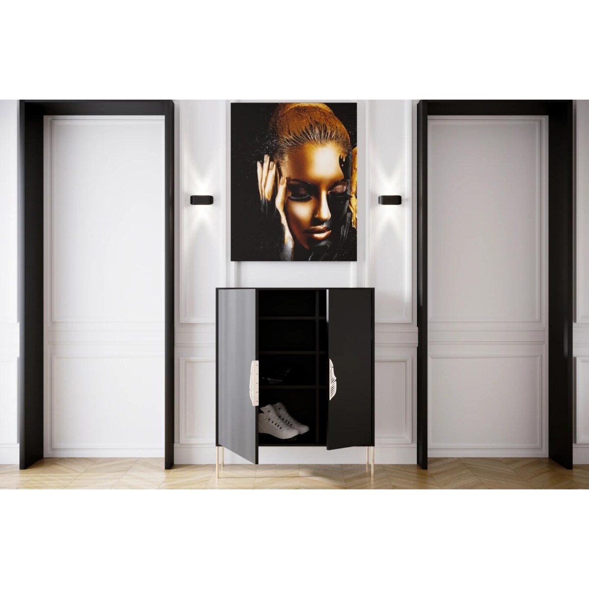 Czarna komoda / szafka na buty Skandica MERLIN ze złotymi dodatkami