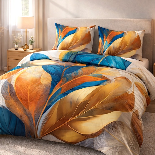 Pościel satyna bawełniana 220x200 Aurelia w złote i niebieskie liście, Satynlove Premium