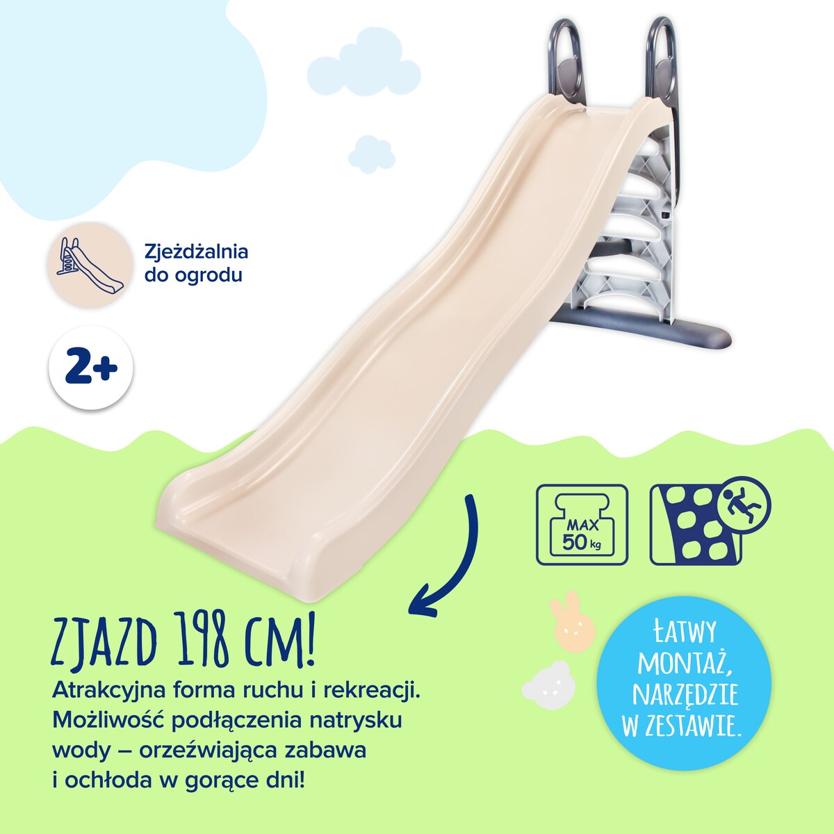 Domek ogrodowy dla dzieci ze stolikiem + zjeżdzalnia XXL do zabawy w ogrodzie zestaw beżowy