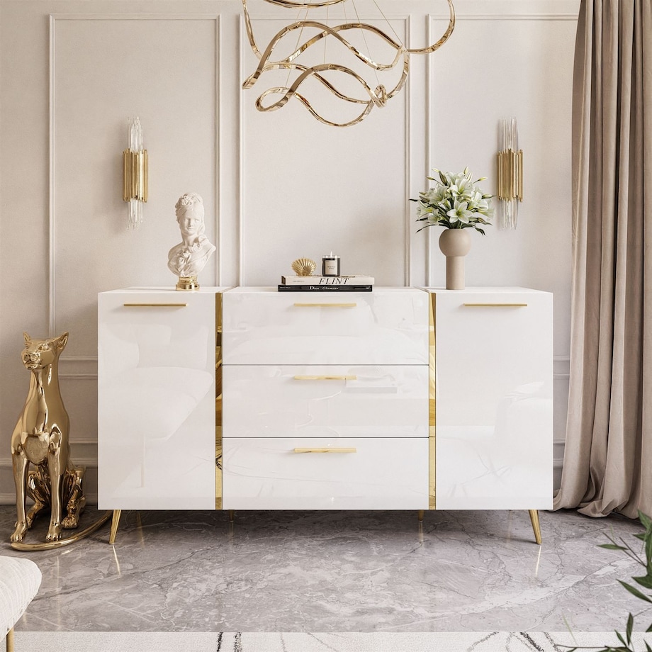 Komoda z szufladami ONYX na złotych nóżkach wysoki połysk 158 cm, biała, uchwyty złote