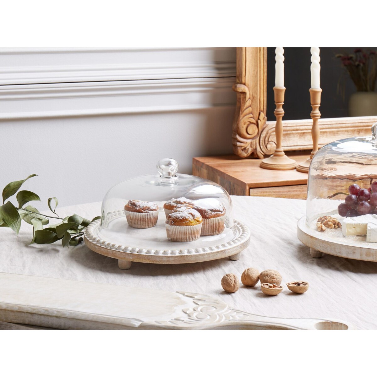 Patera ze szklanym kloszem drewno mango jasne DENDERA