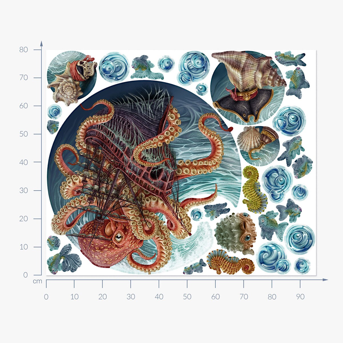 Zestaw naklejek na ścianę, Podwodny świat osmiornicy, 80cm