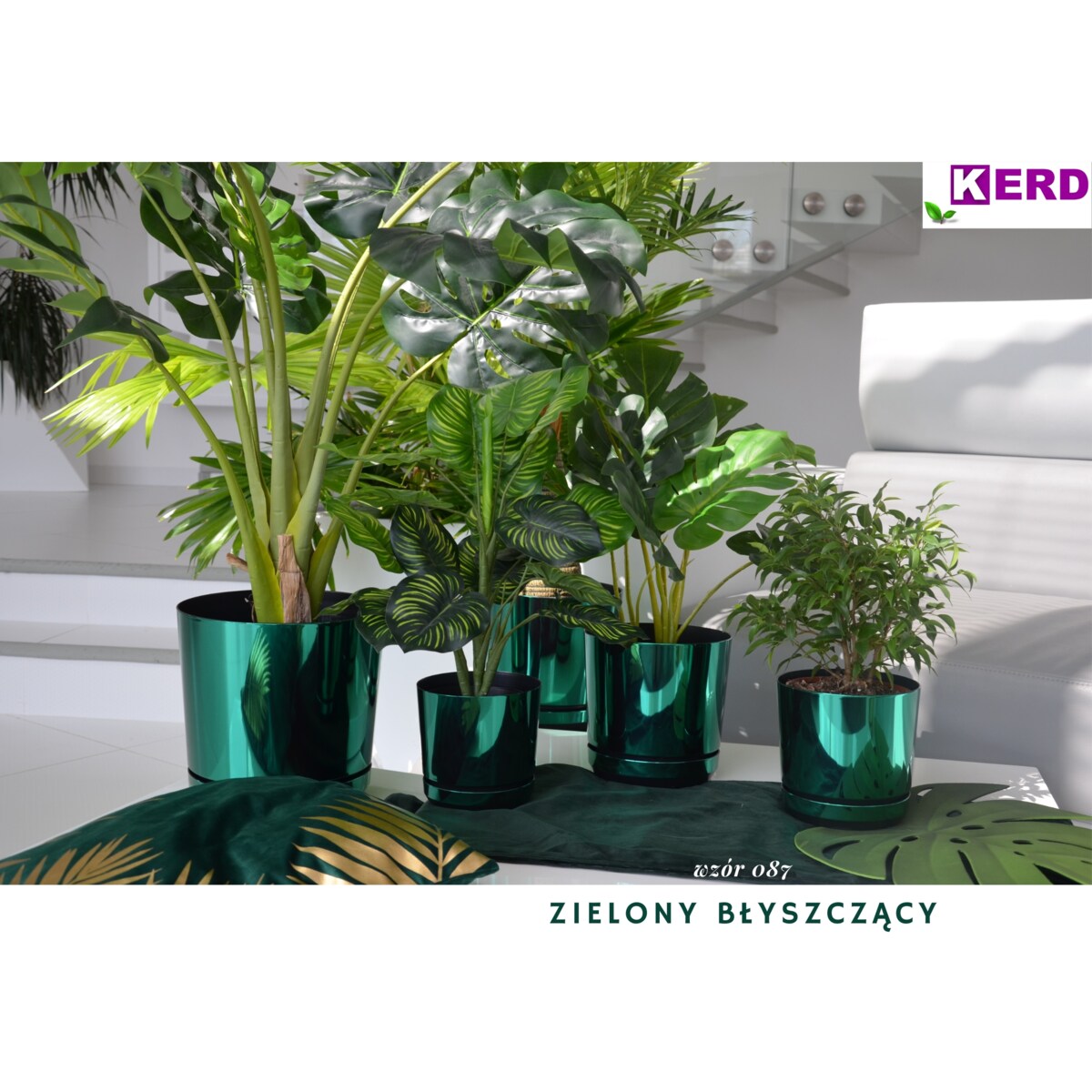 16 cm wzór ZIELONY BŁYSZCZĄCY Doniczka z podstawką nowoczesna glamour wysoki połysk metaliczny idealna do monstera orchidea