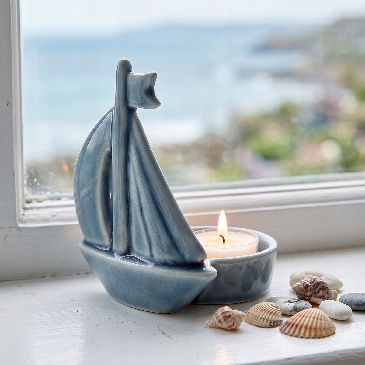 ŚWIECZNIK NA TEALIGHT CERAMICZNY ŁÓDKA MARYNISTYKA DEKORACJA DO DOMU SALONU