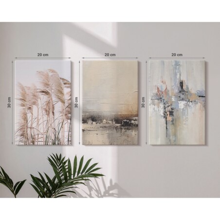 Zestaw 3 małych obrazów na płótnie - Roślinność abstrakcyjne wzory - beżowy