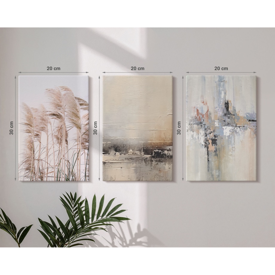 Zestaw 3 małych obrazów na płótnie - Roślinność abstrakcyjne wzory - beżowy