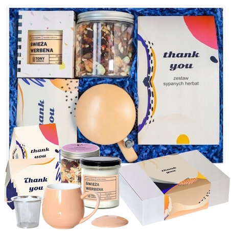 Big Box Thank You z herbatą - Zestaw sypanych herbat smakowych THANK YOU: 10 saszetek - 10szt x 5/8g z herbatą o różnych smakach,Kubek z zaparzaczem i pokrywką brzoskwiniowy ,Świeca sojowa Świeża Werb