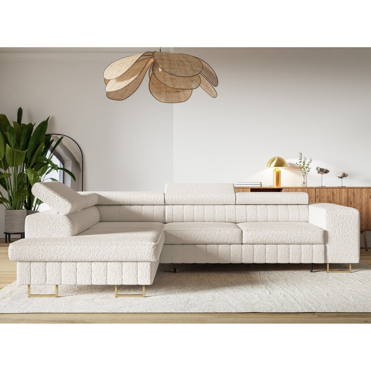 Narożnik NOLA do salonu, na złotych nogach-lewostronny-Catch Me 01- mleczny