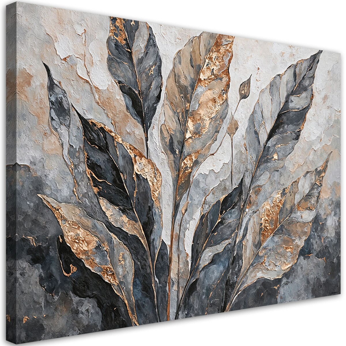 Obraz do sypialni do salonu ścienny Abstrakcyjne Liście Szary Złoty 100x70