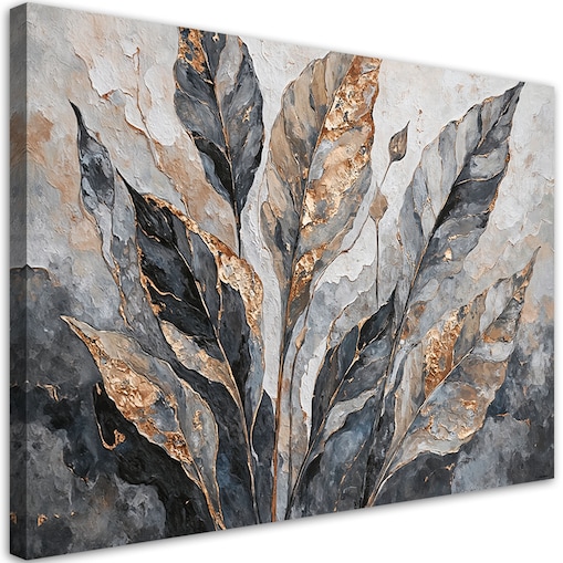 Obraz do sypialni do salonu ścienny Abstrakcyjne Liście Szary Złoty 100x70
