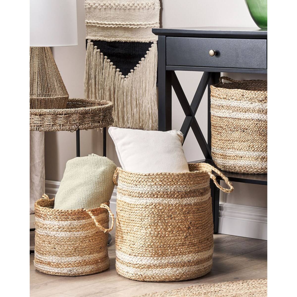 Zestaw 3 koszy jutowych naturalny z beżowym ZHOB