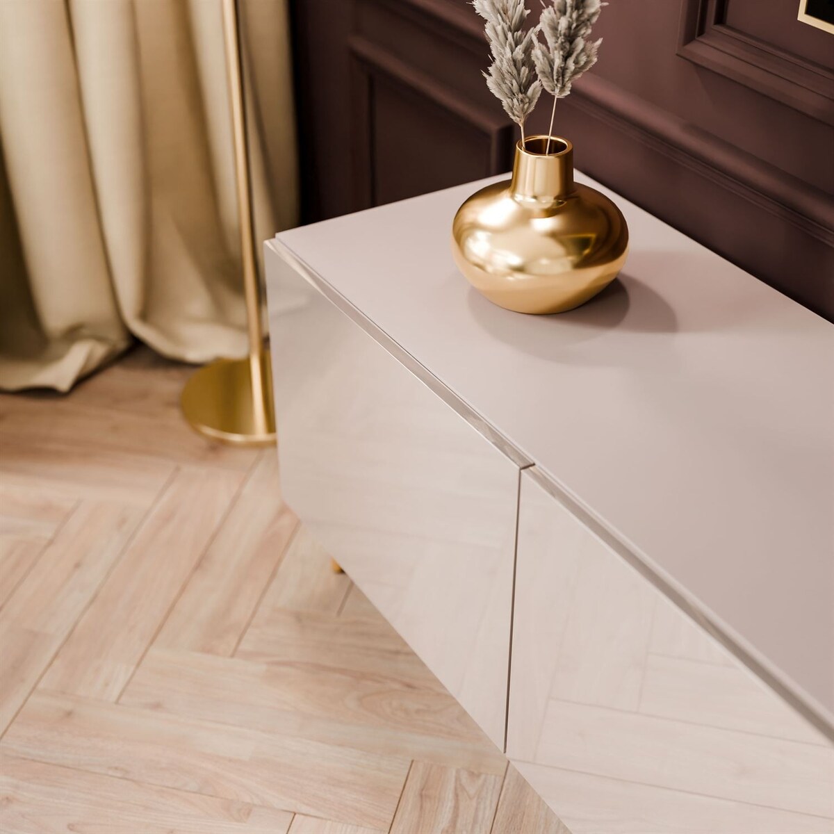 Szafka RTV COLGANTE 200 kaszmir wysoki połysk, oświetlenie LED, nóżki skośne złote