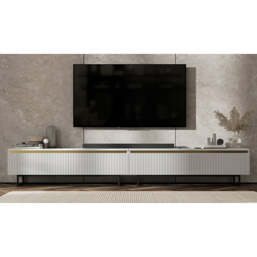 Nowoczesna Szafka RTV Glamour Komoda RTV Biały Mat 280 cm czarny stelaż