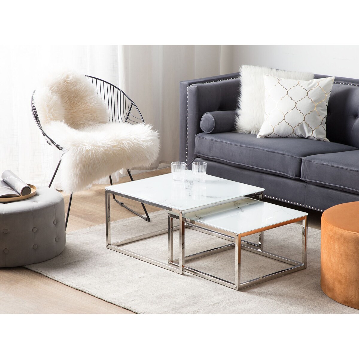 Zestaw 2 stolików kawowych BREA Szkło hartowane Biały marmur