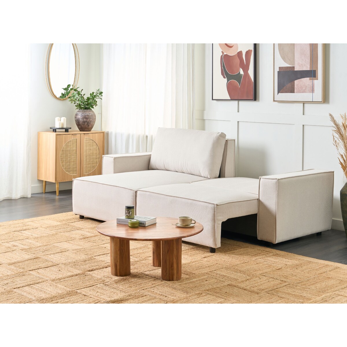 Sofa rozkładana dla 3 osób KARILA Jasnobeżowy ze schowkiem Prawostronny